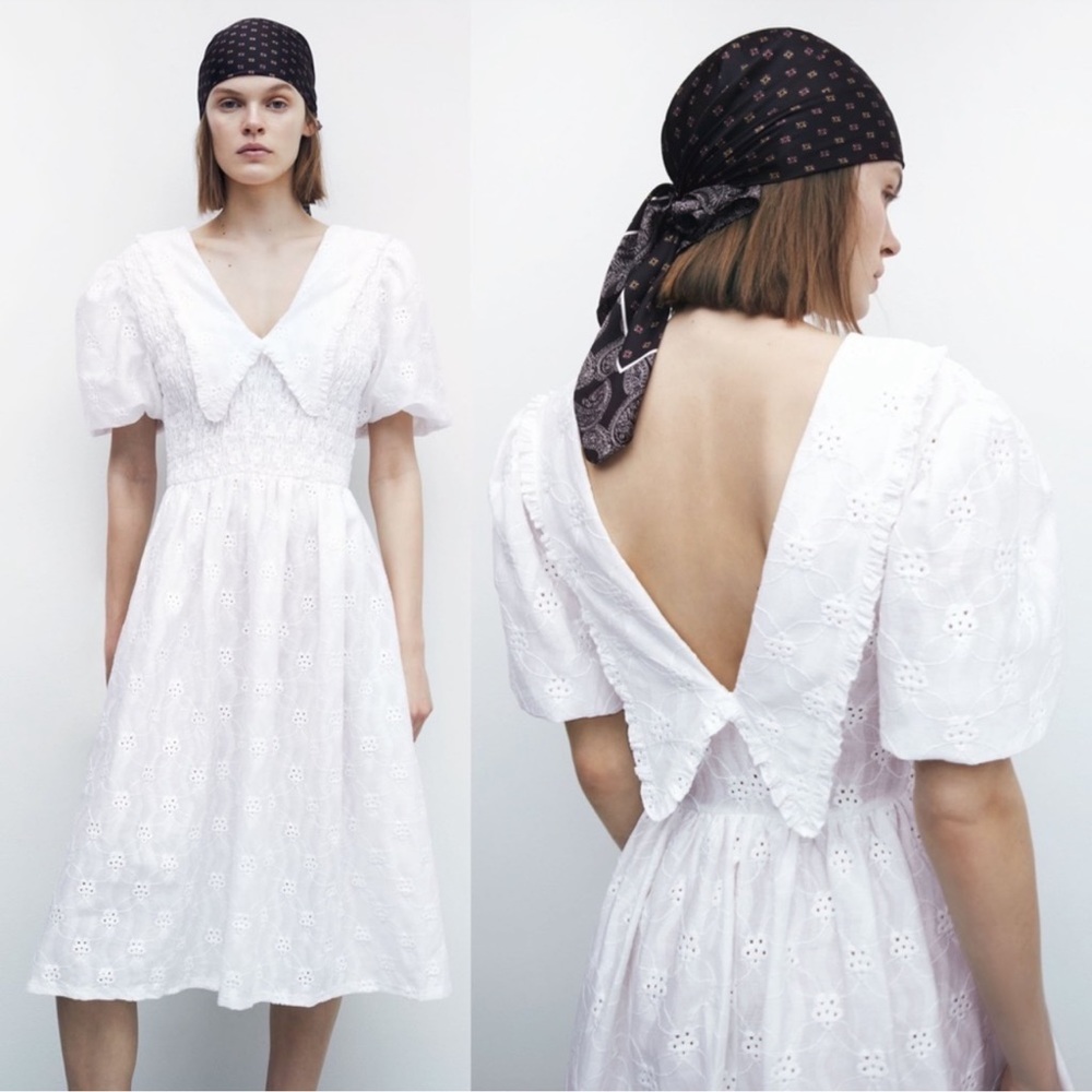 Zara Woman MIDI DRESS WITH VOLUMINOUS SLEEVES OYSTER WHITE Large